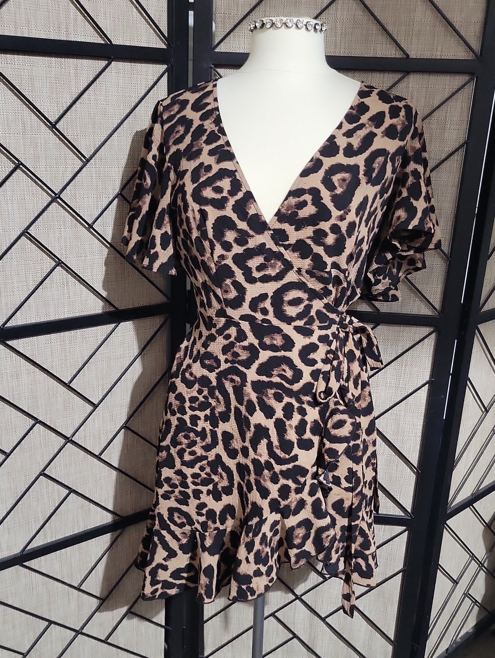SHEIN Leopard Print Wrap Mini Dress in Tan and Black